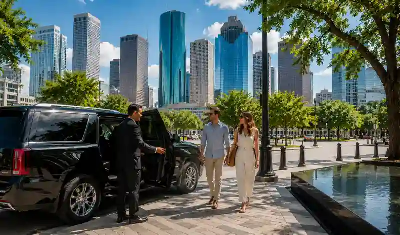Couple beginning a private Houston city tour with a professional chauffeur and luxury SUV in downtown Houston.